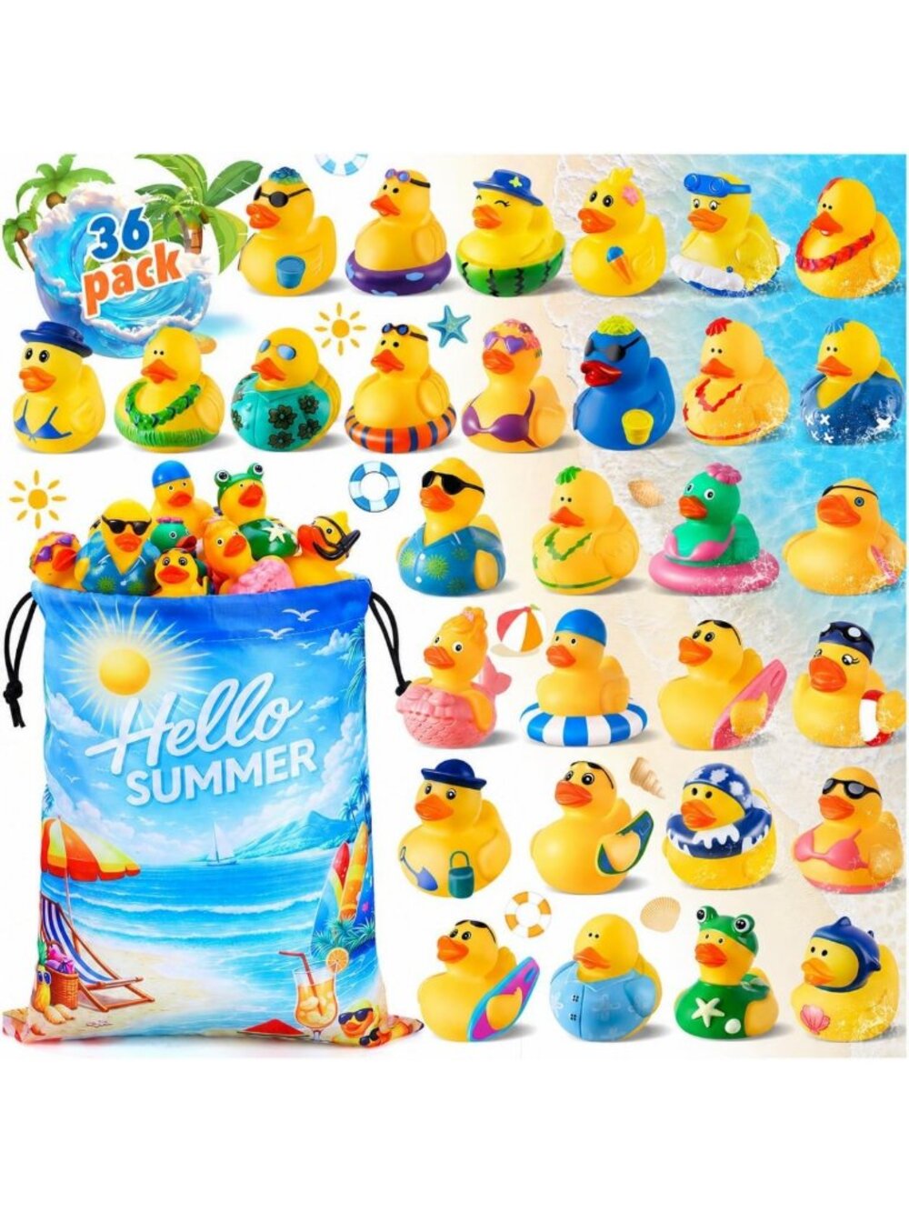 36 Pcs Summer Rubber Ducks Set - Fun Beach Party Favors & Bath Toys for Kids